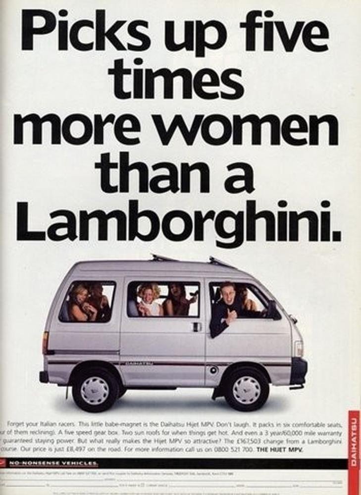Daihatsu uveze pětkrát víc žen než lamborghini. Dnes by určitě reklama byla prohlášena za sexistickou.